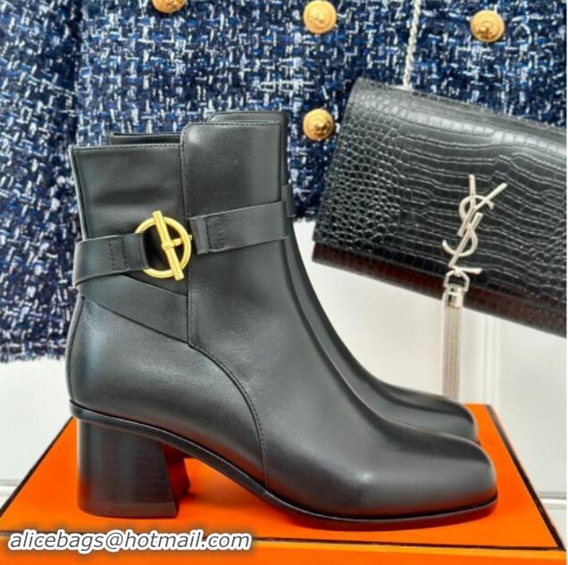 Perfect Hermes Jill Heel Ankle Boots 6cm in Calfskin with Glenan Buckle Black 008048