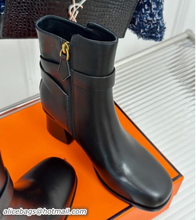 Perfect Hermes Jill Heel Ankle Boots 6cm in Calfskin with Glenan Buckle Black 008048