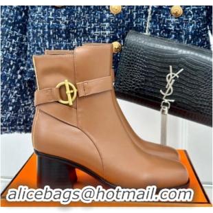 Cheap Price Hermes Jill Heel Ankle Boots 6cm in Calfskin with Glenan Buckle Brown 1008049