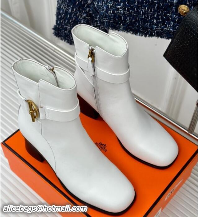 Good Product Hermes Jill Heel Ankle Boots 6cm in Calfskin with Glenan Buckle White 1008050