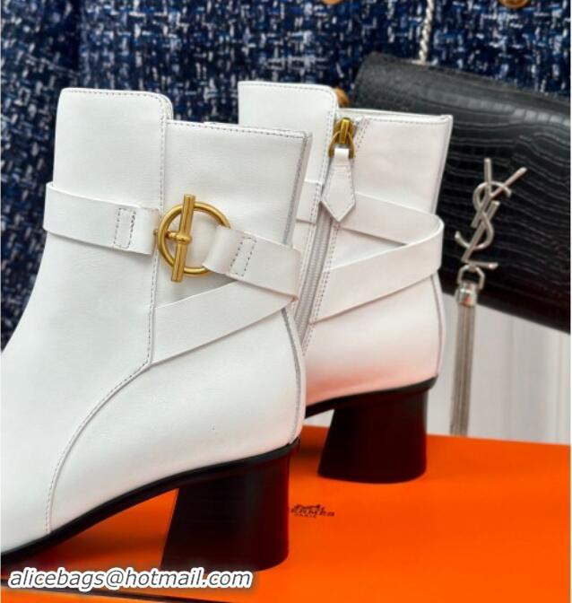 Good Product Hermes Jill Heel Ankle Boots 6cm in Calfskin with Glenan Buckle White 1008050