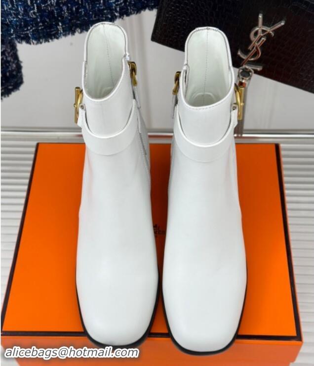 Good Product Hermes Jill Heel Ankle Boots 6cm in Calfskin with Glenan Buckle White 1008050