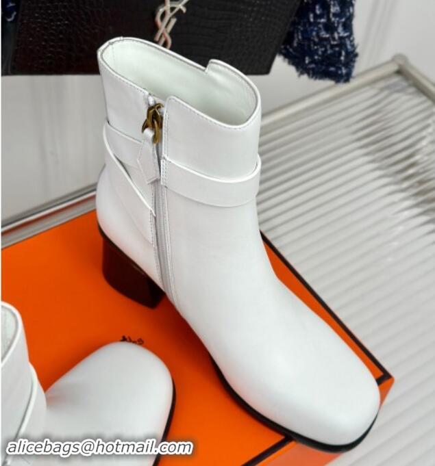 Good Product Hermes Jill Heel Ankle Boots 6cm in Calfskin with Glenan Buckle White 1008050