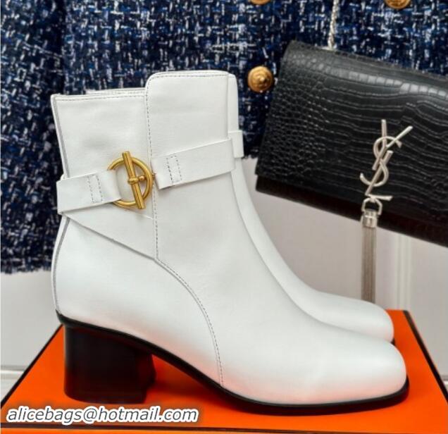 Good Product Hermes Jill Heel Ankle Boots 6cm in Calfskin with Glenan Buckle White 1008050