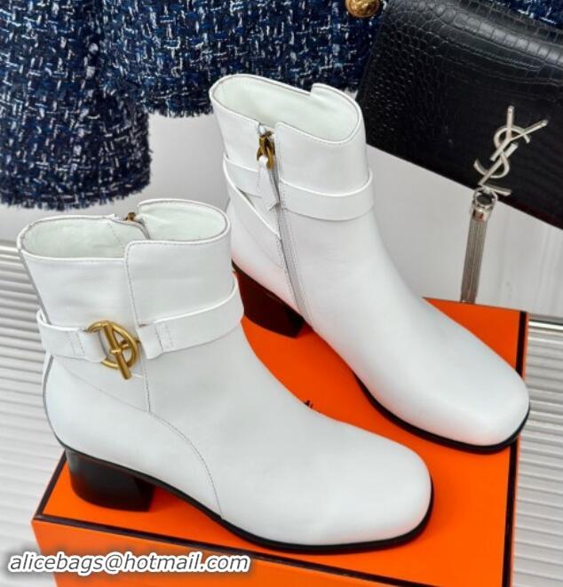 Good Product Hermes Jill Heel Ankle Boots 6cm in Calfskin with Glenan Buckle White 1008050