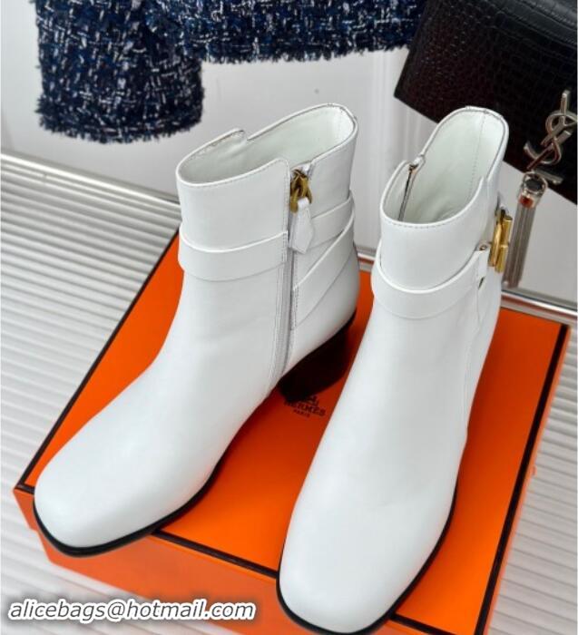 Good Product Hermes Jill Heel Ankle Boots 6cm in Calfskin with Glenan Buckle White 1008050