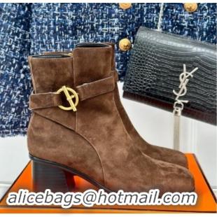 Stylish Hermes Jill Heel Ankle Boots 6cm in Suede with Glenan Buckle Dark Brown 1008051