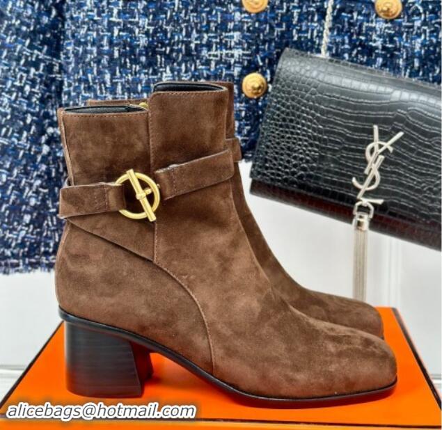 Stylish Hermes Jill Heel Ankle Boots 6cm in Suede with Glenan Buckle Dark Brown 1008051