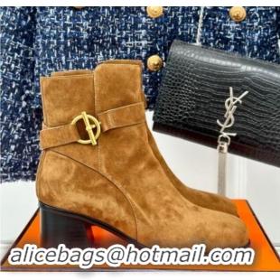 Trendy Design Hermes Jill Heel Ankle Boots 6cm in Suede with Glenan Buckle Brown 1008053