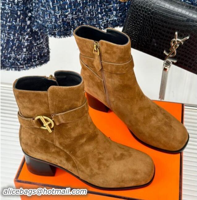 Trendy Design Hermes Jill Heel Ankle Boots 6cm in Suede with Glenan Buckle Brown 1008053