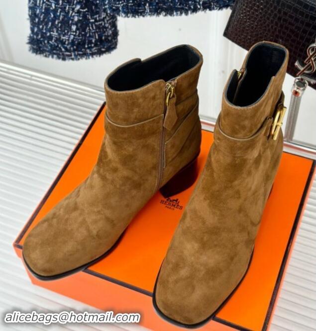 Trendy Design Hermes Jill Heel Ankle Boots 6cm in Suede with Glenan Buckle Brown 1008053