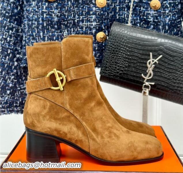 Trendy Design Hermes Jill Heel Ankle Boots 6cm in Suede with Glenan Buckle Brown 1008053