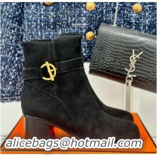 Charming Hermes Jill Heel Ankle Boots 6cm in Suede with Glenan Buckle Black 1008052