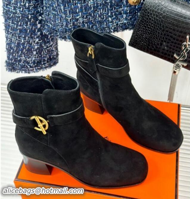 Charming Hermes Jill Heel Ankle Boots 6cm in Suede with Glenan Buckle Black 1008052