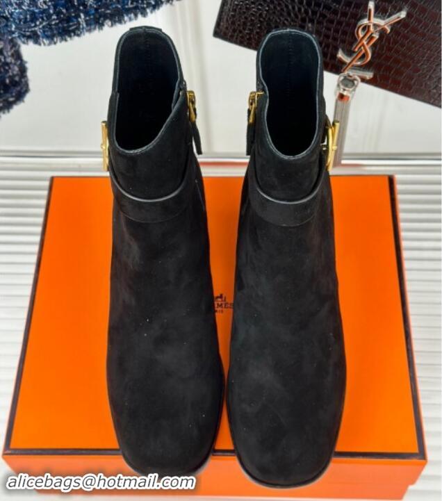 Charming Hermes Jill Heel Ankle Boots 6cm in Suede with Glenan Buckle Black 1008052