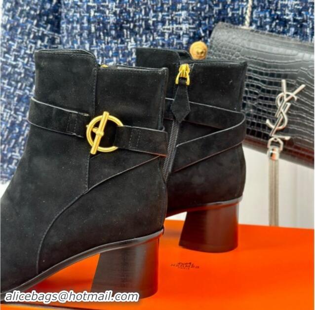 Charming Hermes Jill Heel Ankle Boots 6cm in Suede with Glenan Buckle Black 1008052