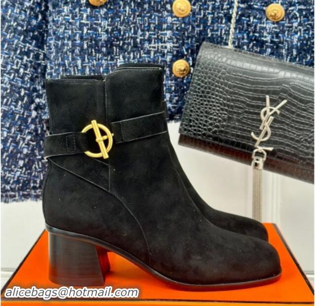 Charming Hermes Jill Heel Ankle Boots 6cm in Suede with Glenan Buckle Black 1008052