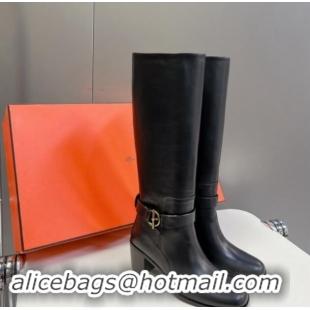 Buy Luxury Hermes Justin Heel High Boots 6cm in Calfskin with Glenan Buckle Black 1008054