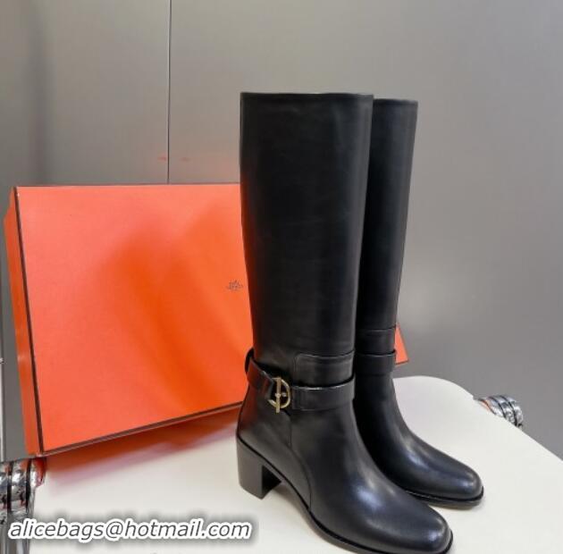 Buy Luxury Hermes Justin Heel High Boots 6cm in Calfskin with Glenan Buckle Black 1008054