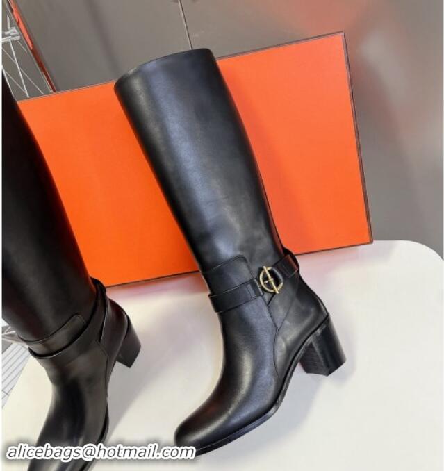 Buy Luxury Hermes Justin Heel High Boots 6cm in Calfskin with Glenan Buckle Black 1008054