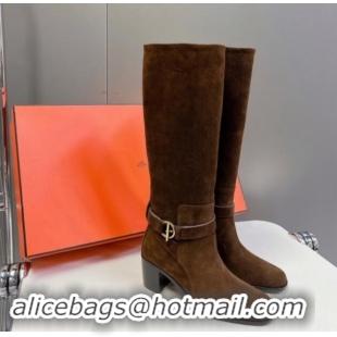 Popular Style Hermes Justin Heel High Boots 6cm in Suede with Glenan Buckle Dark Brown 008055