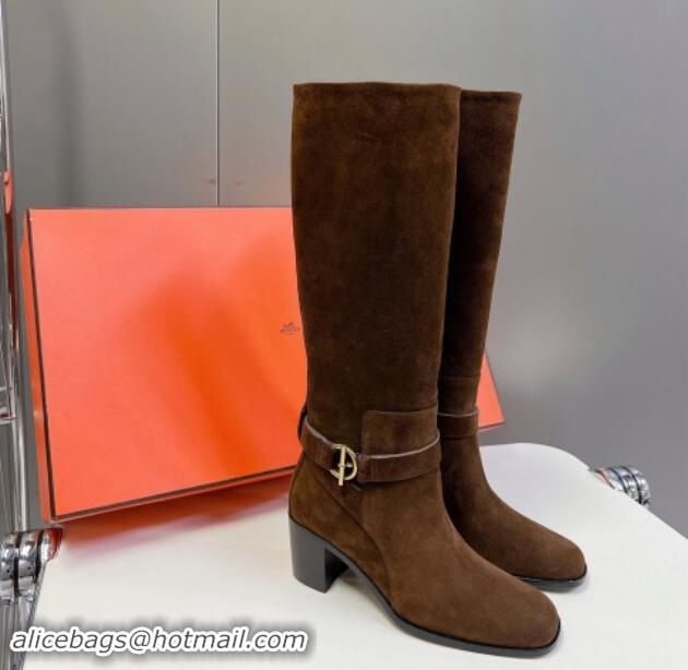 Popular Style Hermes Justin Heel High Boots 6cm in Suede with Glenan Buckle Dark Brown 008055