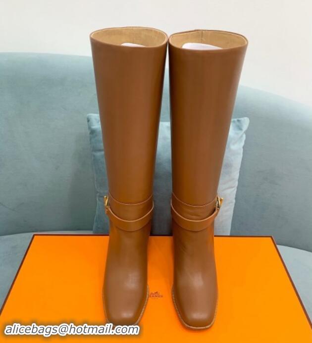 Shop Duplicate Hermes Justin Heel High Boots 6cm in Calfskin with Glenan Buckle Brown 008056