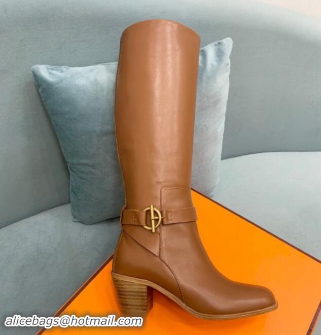 Shop Duplicate Hermes Justin Heel High Boots 6cm in Calfskin with Glenan Buckle Brown 008056