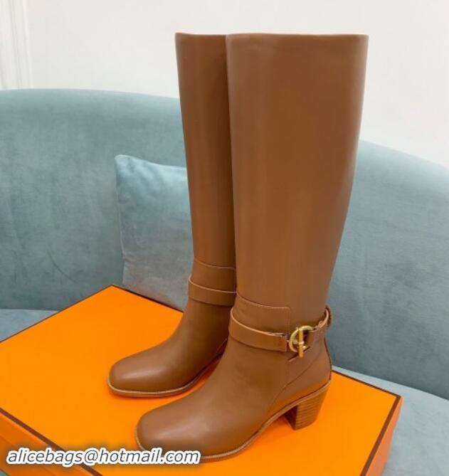 Shop Duplicate Hermes Justin Heel High Boots 6cm in Calfskin with Glenan Buckle Brown 008056