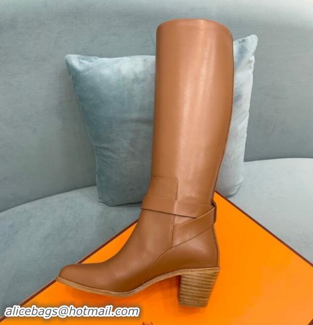 Shop Duplicate Hermes Justin Heel High Boots 6cm in Calfskin with Glenan Buckle Brown 008056