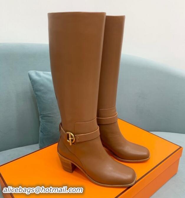 Shop Duplicate Hermes Justin Heel High Boots 6cm in Calfskin with Glenan Buckle Brown 008056