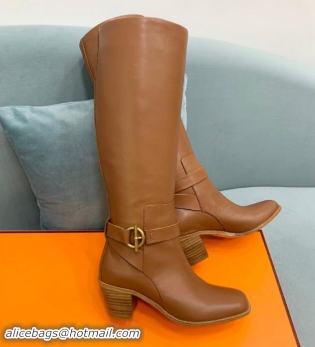 Shop Duplicate Hermes Justin Heel High Boots 6cm in Calfskin with Glenan Buckle Brown 008056