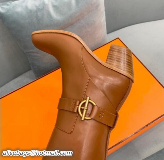 Shop Duplicate Hermes Justin Heel High Boots 6cm in Calfskin with Glenan Buckle Brown 008056