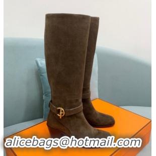 Hot Style Hermes Justin Heel High Boots 6cm in Suede with Glenan Buckle Khaki Grey 1008057