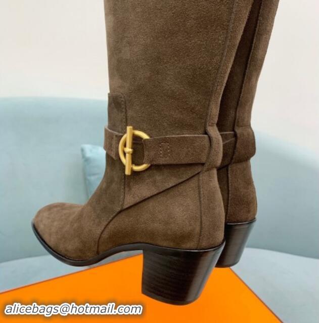 Hot Style Hermes Justin Heel High Boots 6cm in Suede with Glenan Buckle Khaki Grey 1008057