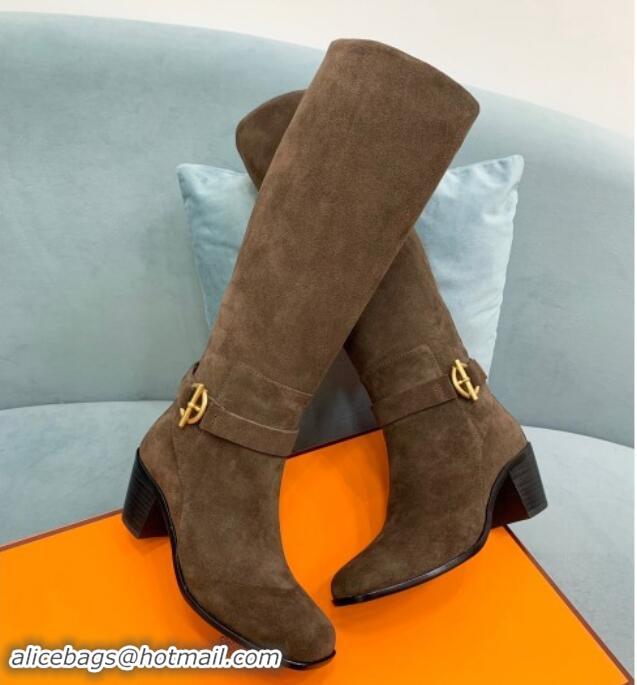 Hot Style Hermes Justin Heel High Boots 6cm in Suede with Glenan Buckle Khaki Grey 1008057