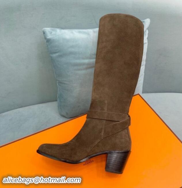 Hot Style Hermes Justin Heel High Boots 6cm in Suede with Glenan Buckle Khaki Grey 1008057