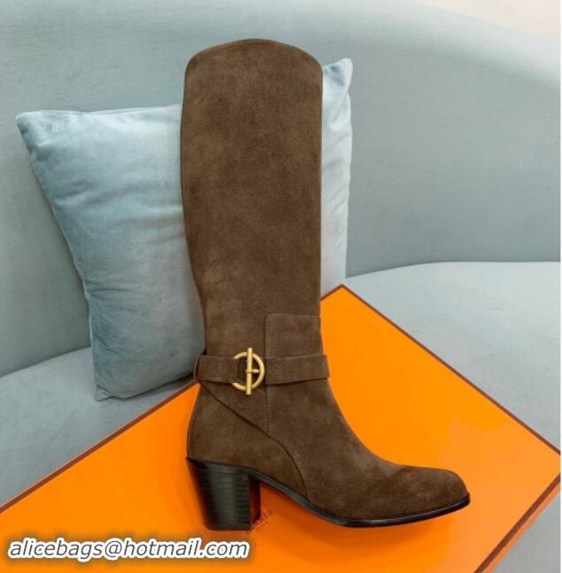 Hot Style Hermes Justin Heel High Boots 6cm in Suede with Glenan Buckle Khaki Grey 1008057