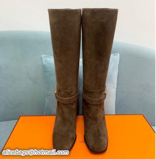 Hot Style Hermes Justin Heel High Boots 6cm in Suede with Glenan Buckle Khaki Grey 1008057