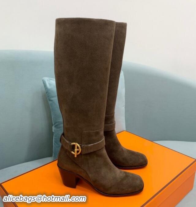 Hot Style Hermes Justin Heel High Boots 6cm in Suede with Glenan Buckle Khaki Grey 1008057