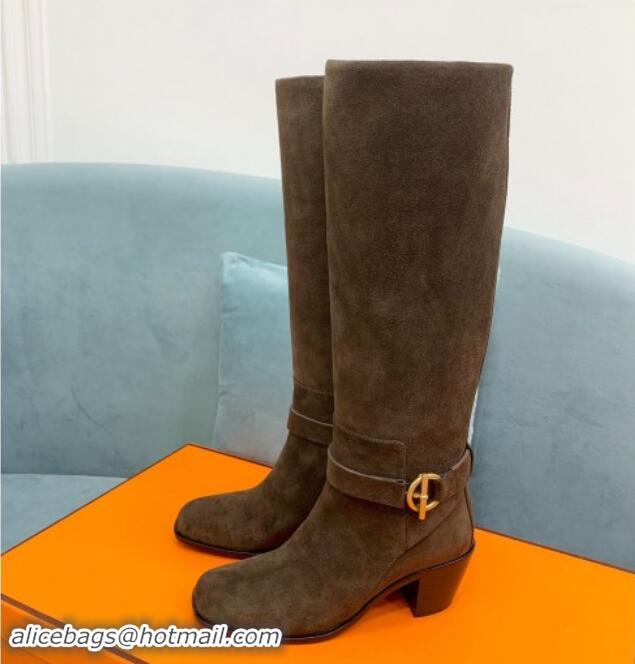 Hot Style Hermes Justin Heel High Boots 6cm in Suede with Glenan Buckle Khaki Grey 1008057