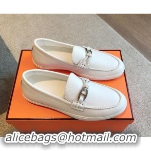 Top Design Hermes Ignacio Loafers Flat with Chaine d'Ancre Buckle in Grained Calfskin White 1008058