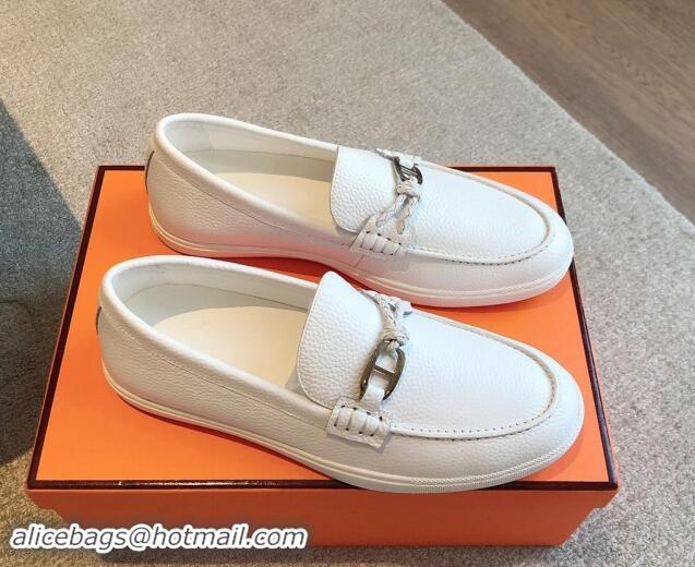 Top Design Hermes Ignacio Loafers Flat with Chaine d'Ancre Buckle in Grained Calfskin White 1008058