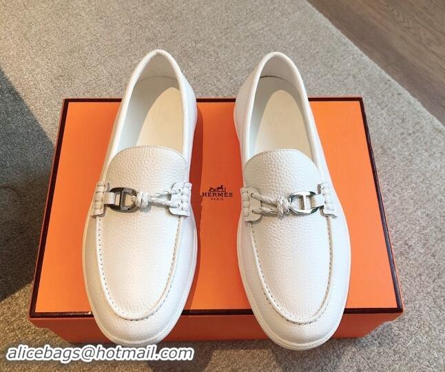 Top Design Hermes Ignacio Loafers Flat with Chaine d'Ancre Buckle in Grained Calfskin White 1008058