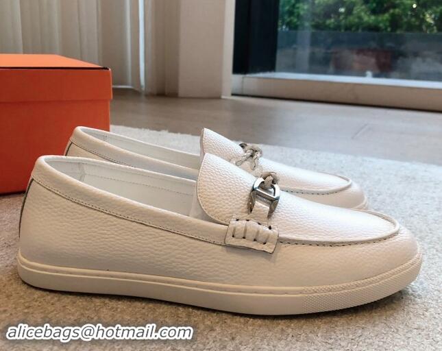 Top Design Hermes Ignacio Loafers Flat with Chaine d'Ancre Buckle in Grained Calfskin White 1008058