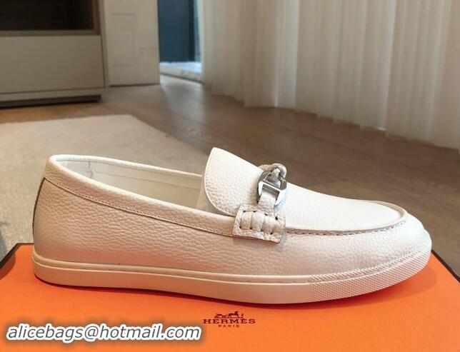 Top Design Hermes Ignacio Loafers Flat with Chaine d'Ancre Buckle in Grained Calfskin White 1008058