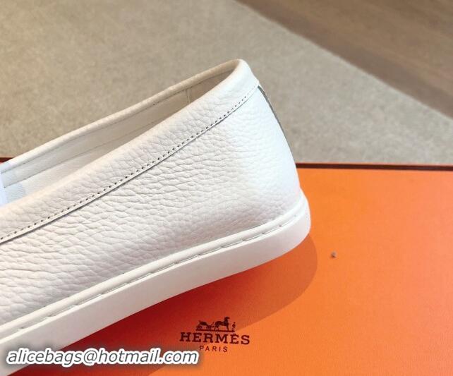 Top Design Hermes Ignacio Loafers Flat with Chaine d'Ancre Buckle in Grained Calfskin White 1008058