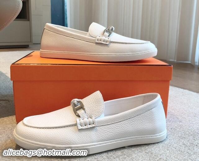 Top Design Hermes Ignacio Loafers Flat with Chaine d'Ancre Buckle in Grained Calfskin White 1008058