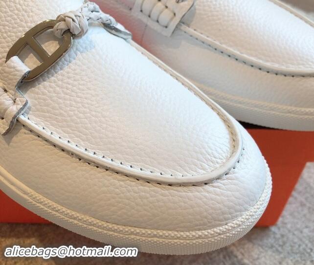 Top Design Hermes Ignacio Loafers Flat with Chaine d'Ancre Buckle in Grained Calfskin White 1008058