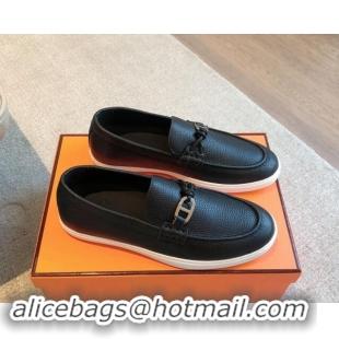 Sophisticated Hermes Ignacio Loafers Flat with Chaine d'Ancre Buckle in Grained Calfskin Black 1008059